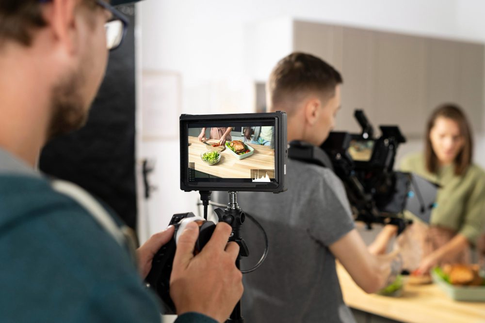 A professional films a video for marketing content.